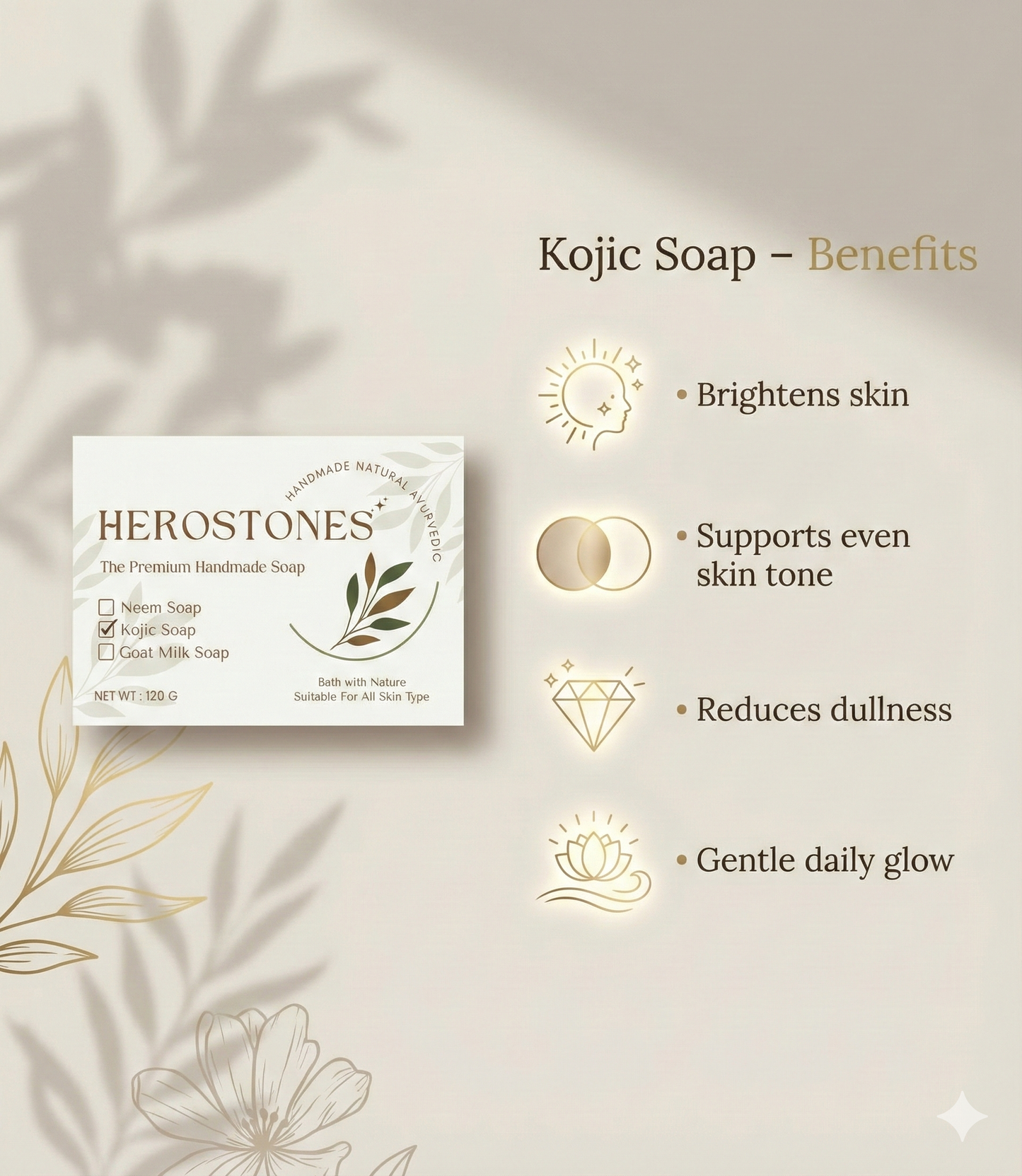 Herostone Kojic Soap – Handmade Brightening Soap for Radiant Skin (120 g)