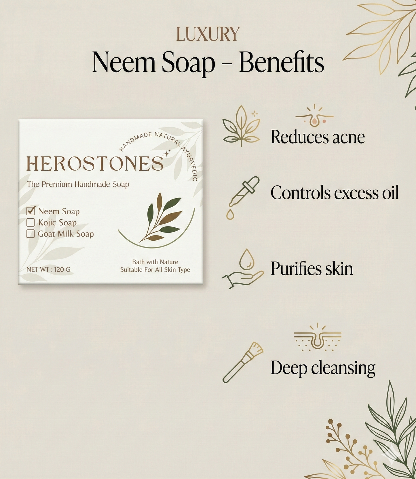 Herostone Neem Soap – Handmade Natural Soap for Clear & Refreshed Skin (120 g)